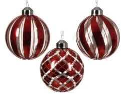 Boule De Noël En Verre - Motif Aléatoire - Argent Et Rouge - 8 Cm