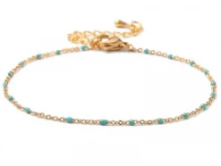 Bracelet Chaînette émaillée à Petits Points Turquoise - 18,5 Cm - Doré à L'or Fin 18K
